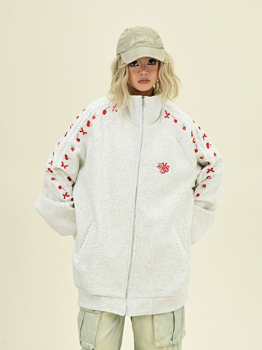 Floral Embroidery Fleece-Linning Zipper Sweatshirt NA6411