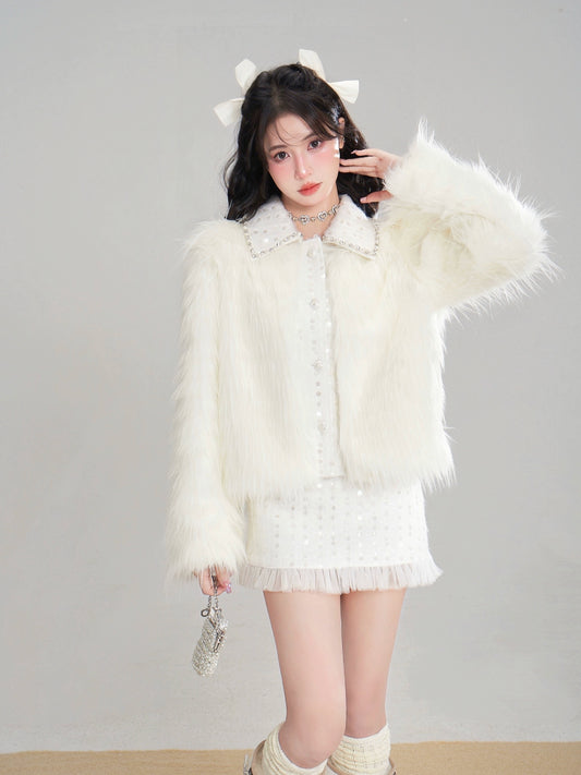 Eco Fur Warm Jacket & Short Skirt & Long Skirt Setup NA5815