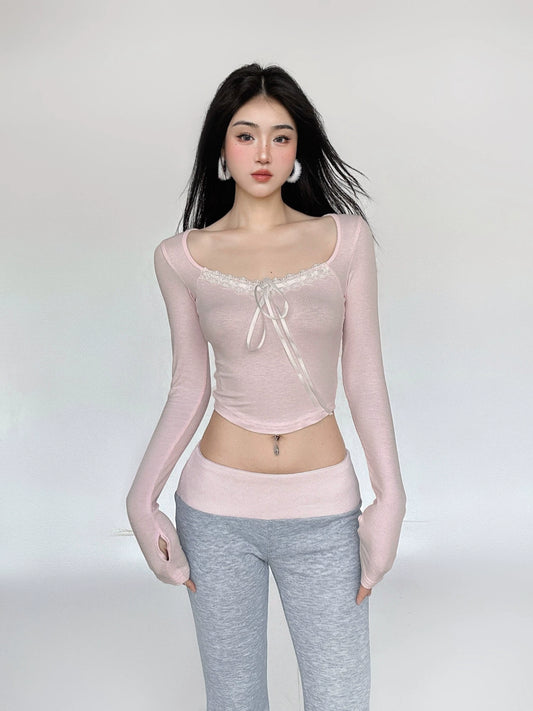 Cropped Lace Spliced Square Neck Long Sleeve T-shirt NA4553