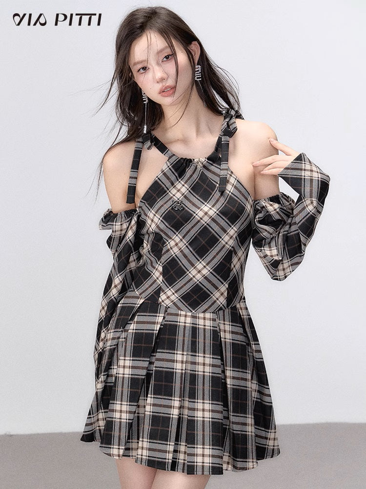 Shoulder Cut Plaid A-line Pleated Dress NA4916