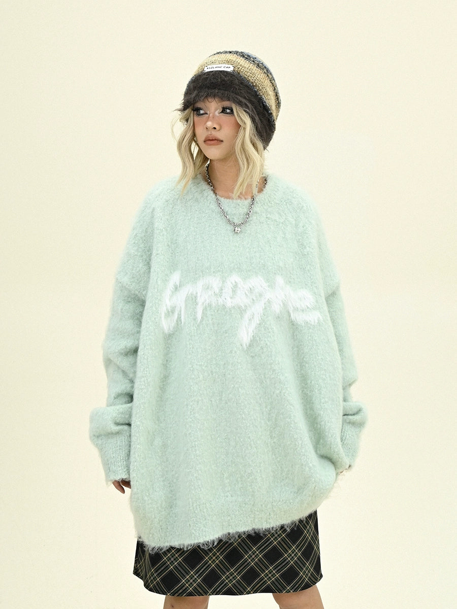 Oversize Round Neck Letter Knit Sweater NA6270