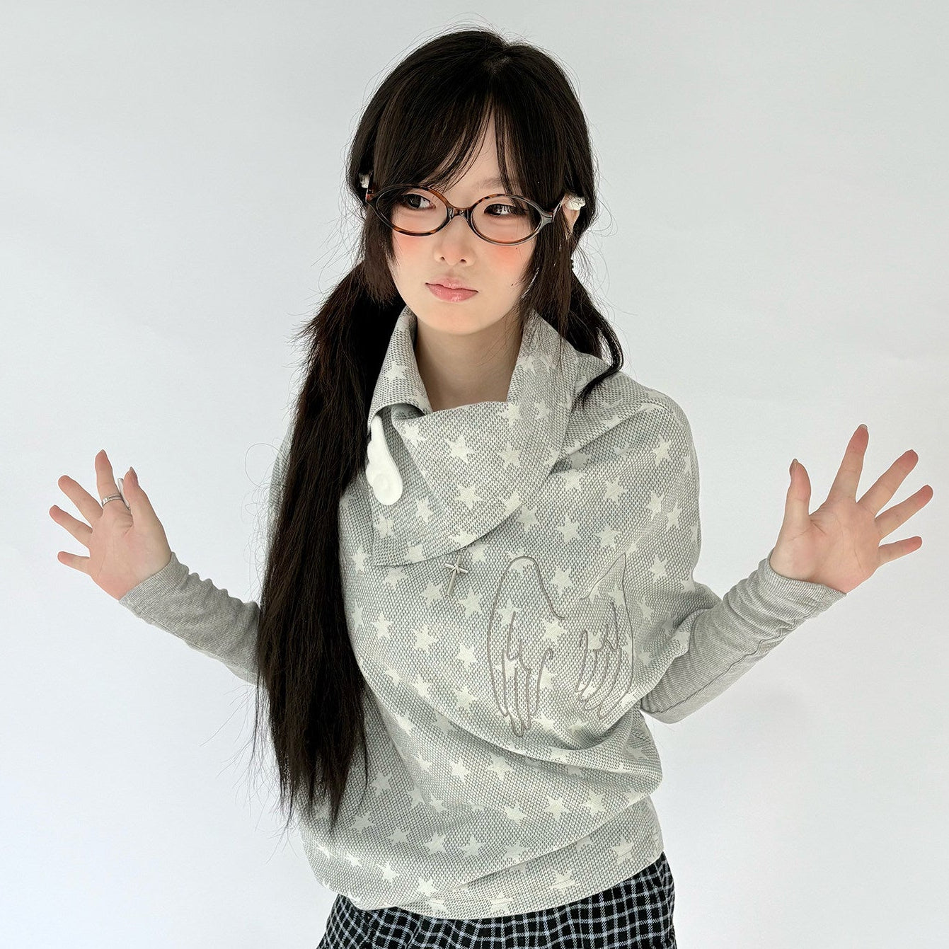 Star Print Asymmetrical High-Neck Long Sleeve T-Shirt NA9267