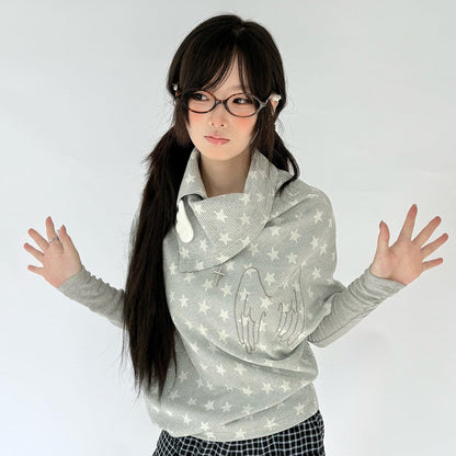 Star Print Asymmetrical High-Neck Long Sleeve T-Shirt NA9267