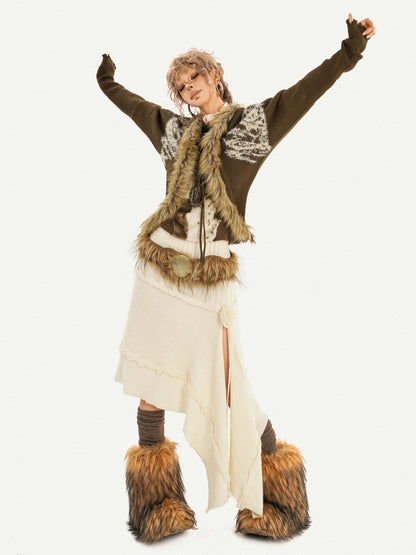 Original Design Batwing Sleeve Fake Fur Collar Knit Cardigan NA8622