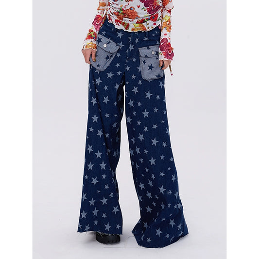 High-Waist Star Pattern Wide-Leg Denim Jeans NA6507