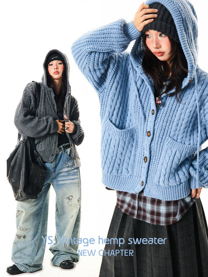 Hooded Button Oversize Cable Knit Cardigan NA9354