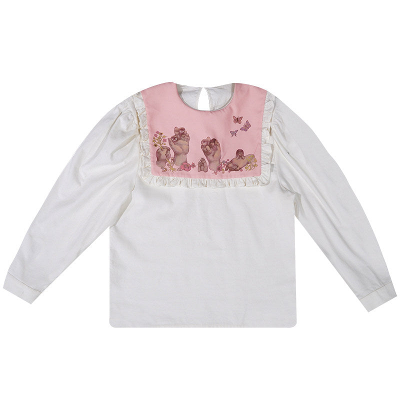 Quirky Print Bubble Sleeve Fake Layered Long Sleeve Blouse NA8294