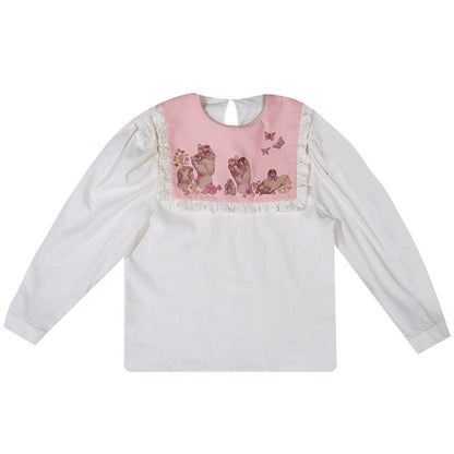 Quirky Print Bubble Sleeve Fake Layered Long Sleeve Blouse NA8294