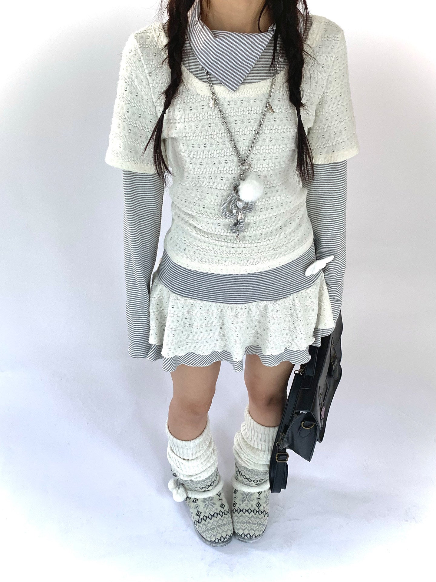 Fake Layered Striped Ruffle A-Line Dress NA9271