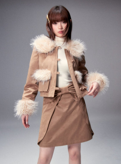 Fur Collar Bow Jacket & Bow Suede Skirt Setup NA8800