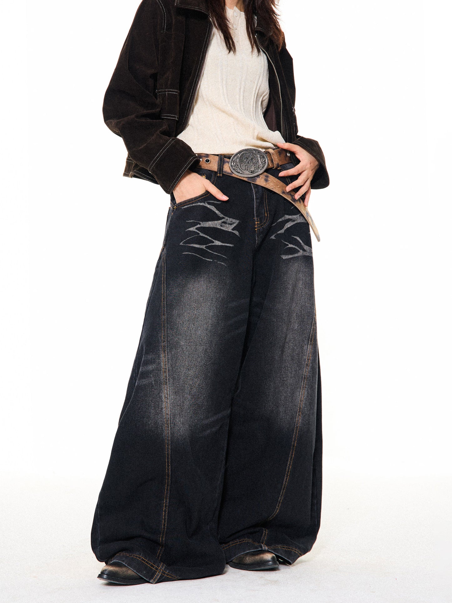 Washed Scratch Detail Wide Leg Denim Jeans NA9432