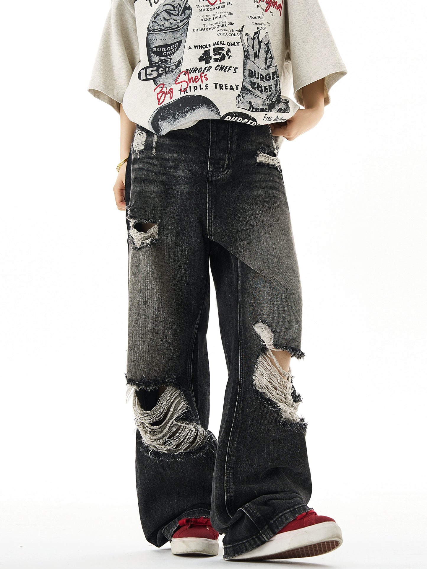 Wide-Leg Straight Damaged Denim Jeans NA3075