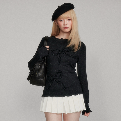 Dot Pattern Bow Lyocell Thermal Long Sleeve T-Shirt NA8781