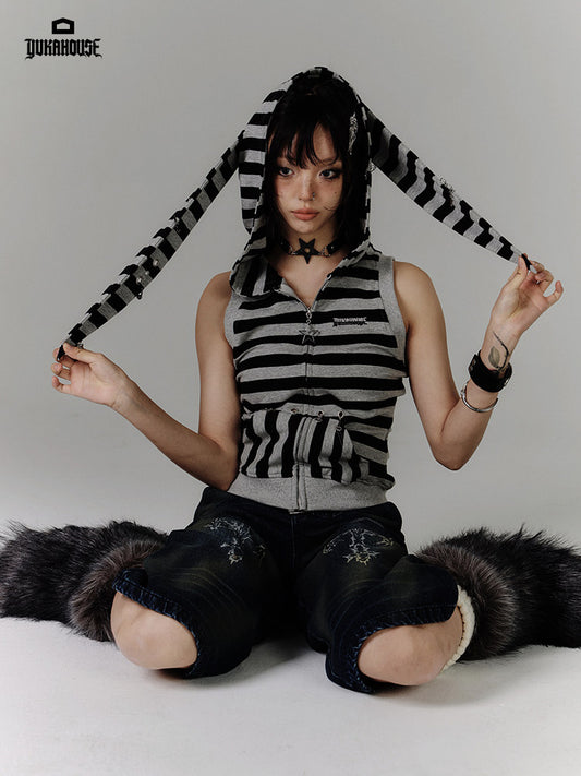 Stripe Zipper Hooded Sleeveless T-Shirt NA9224