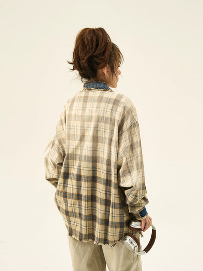 Oversize Damage Checkered Long Sleeve Shirt NA2932