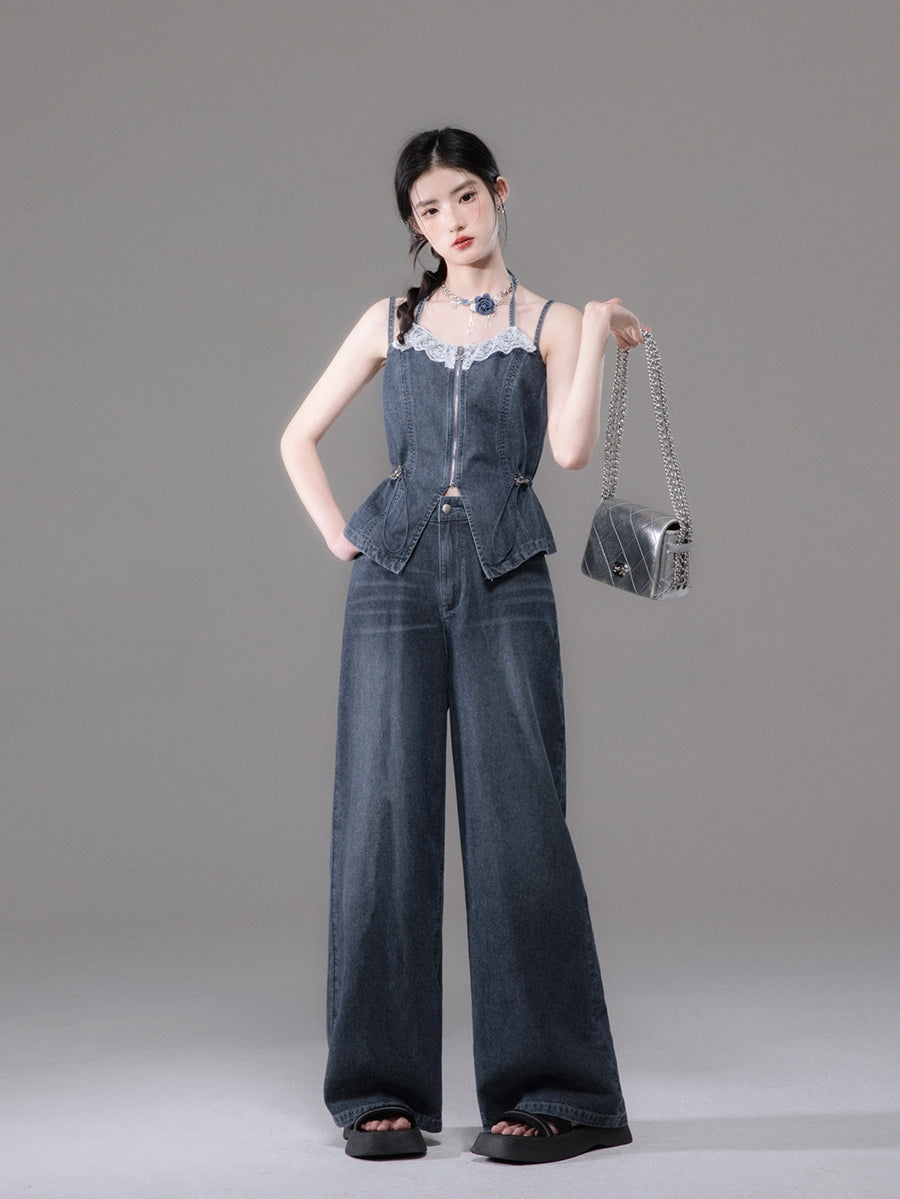 Double Strap V-neck Lace Denim Camisole & Wide-Leg Straight Denim Jeans Setup NA5527