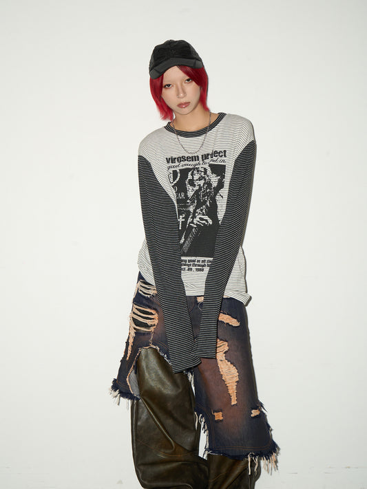 Stripe Graphic Print Layered Long Sleeve T-Shirt NA9129