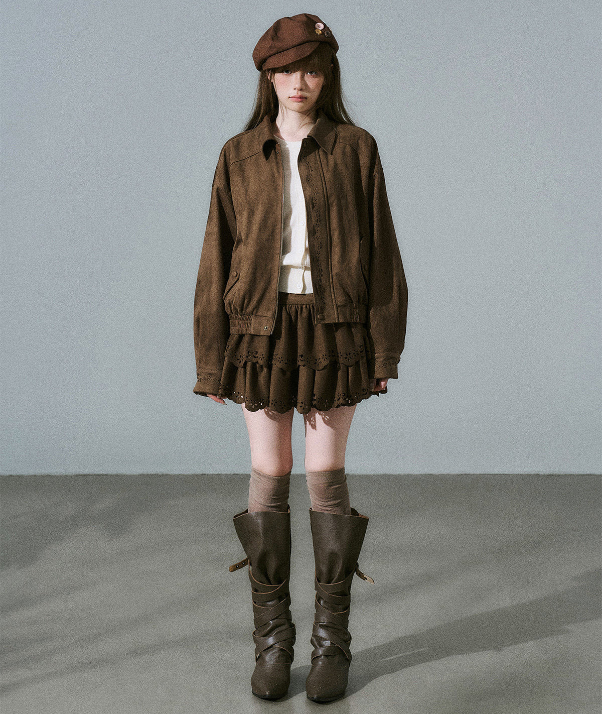 Suede Zipper Jacket & Scalloped Skirt Setup NA8854