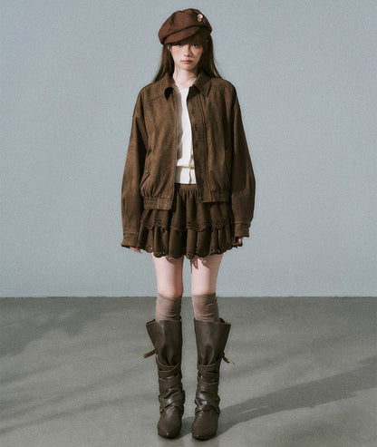 Suede Zipper Jacket & Scalloped Skirt Setup NA8854