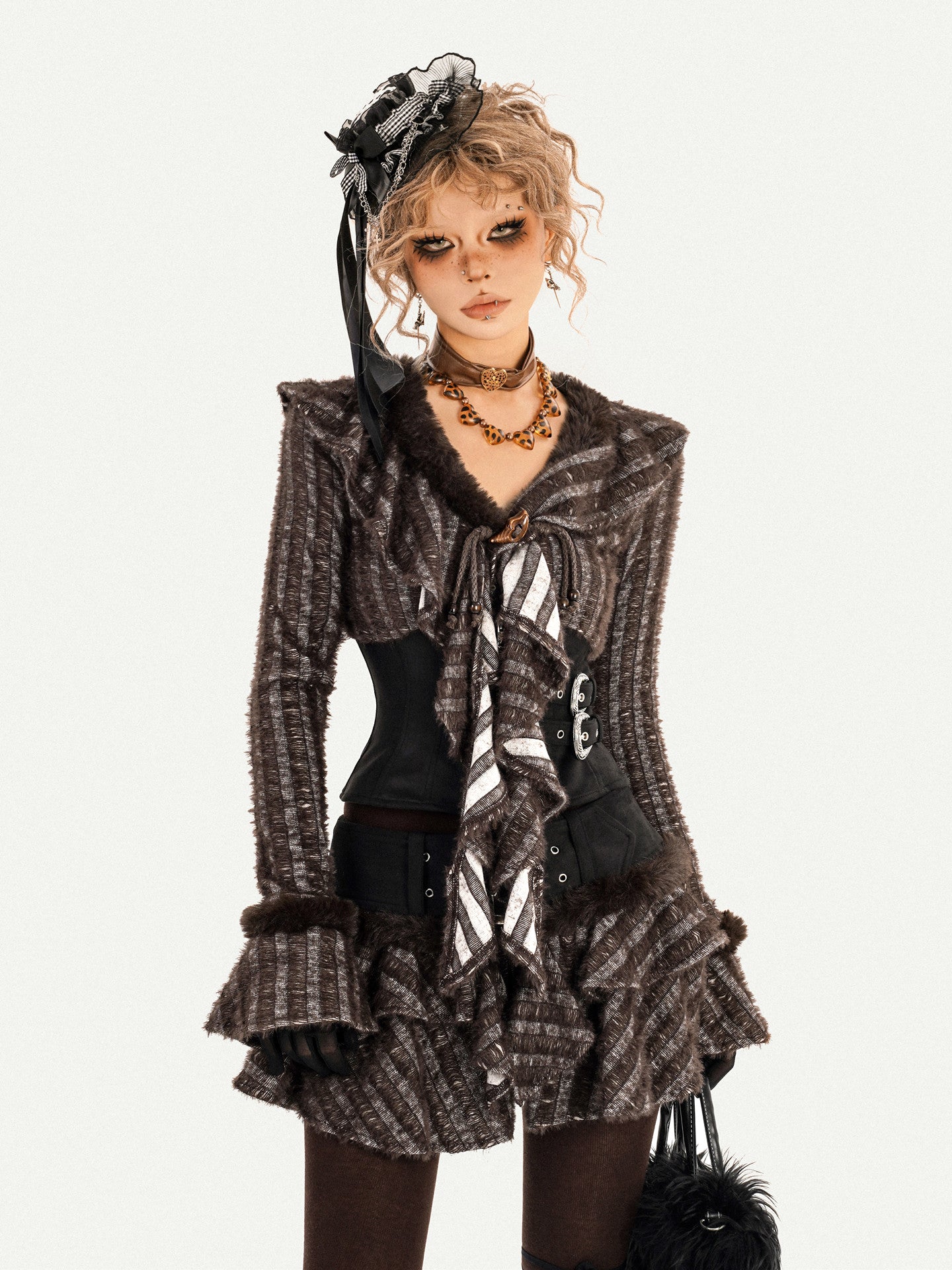 Original Design Patchwork Raw Edge Slim Long Sleeve Shirt & Skirt Setup NA8614