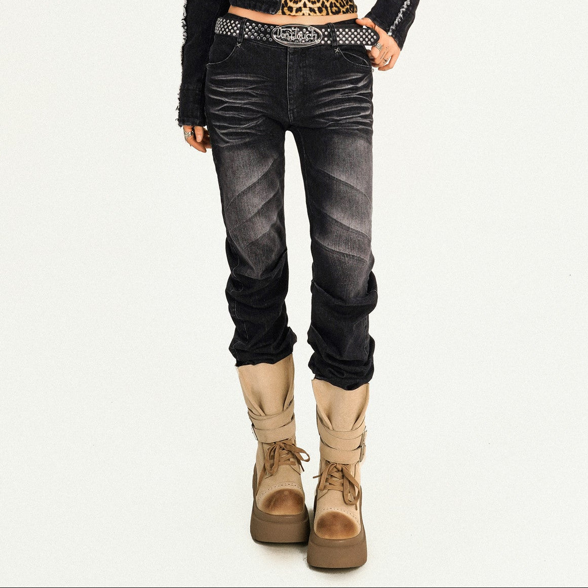 Wash Whisker Curved Pleats Fitted Denim Jeans NA8592