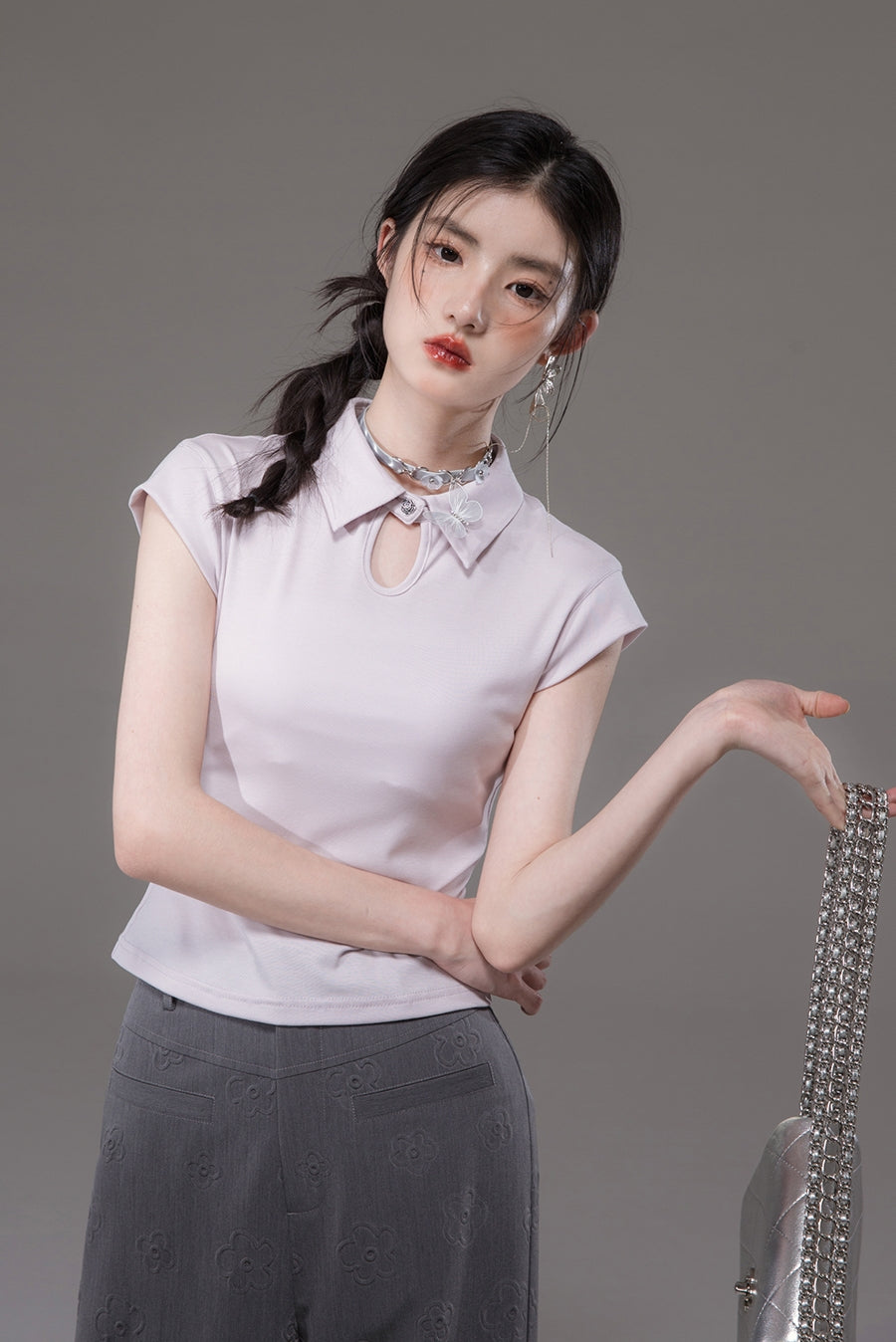 Short Sleeve Polo Collar Knit Top & Bow Camisole Dress Setup NA5531