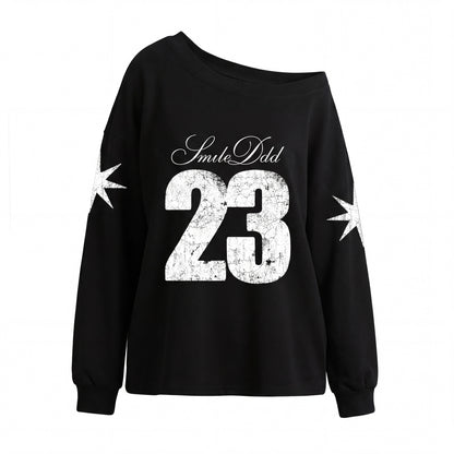 Number Print Off-Shoulder Long Sleeve T-Shirt NA8931