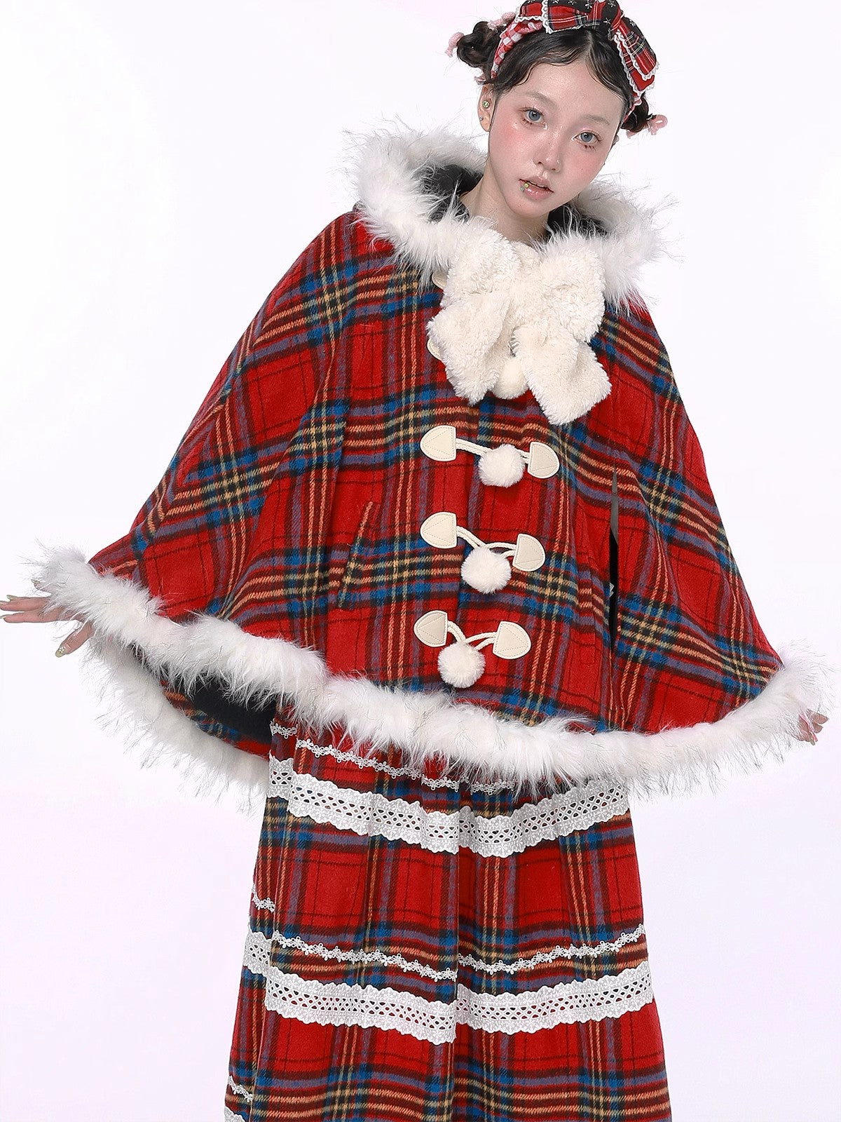 Plaid Wool Hooded Cape Jacket NA6527