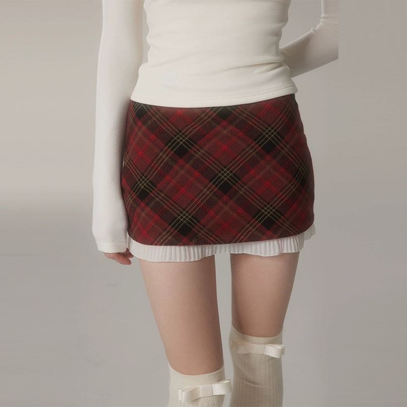 Plaid Skirt With Lace Hem NA4024