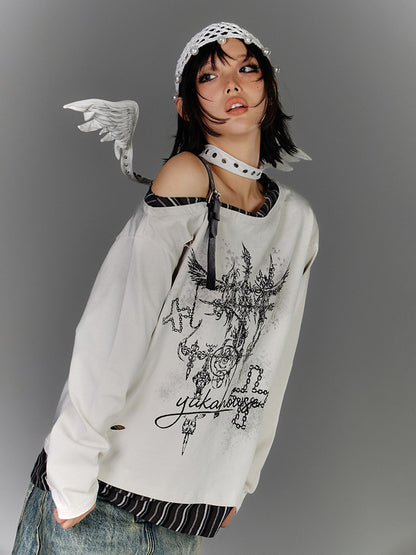 Off-Shoulder Asymmetrical Punk Long Sleeve T-Shirt NA8897