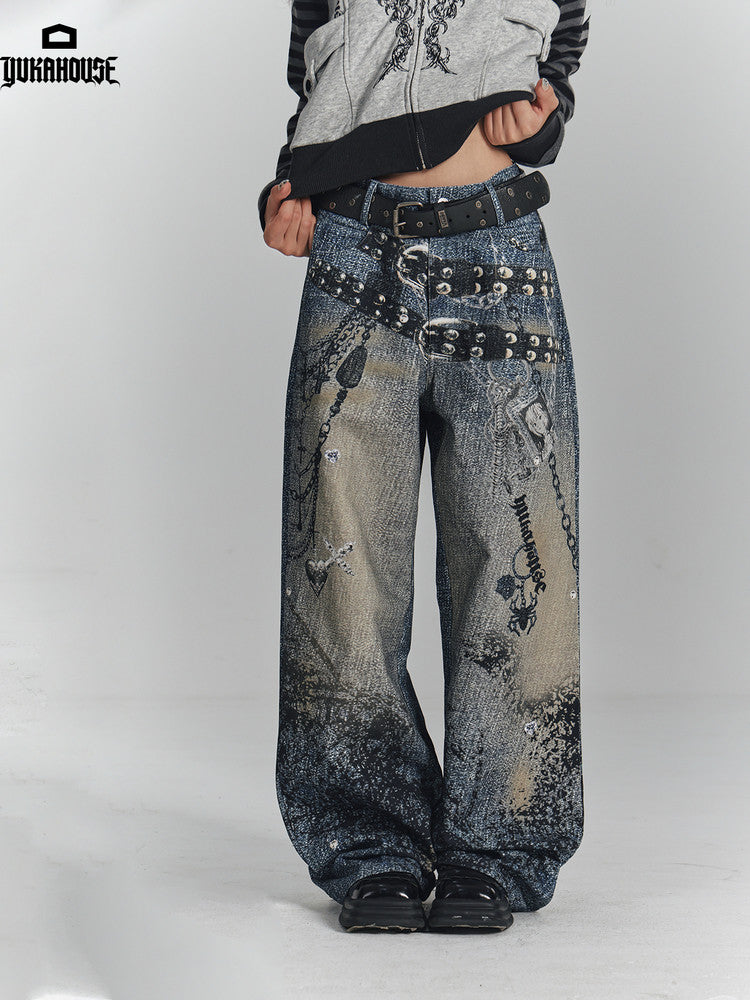 Chain Design Wide Leg Straight Denim Jeans NA8896