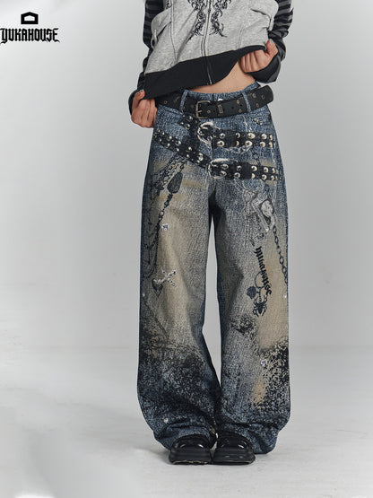 Chain Design Wide Leg Straight Denim Jeans NA8896