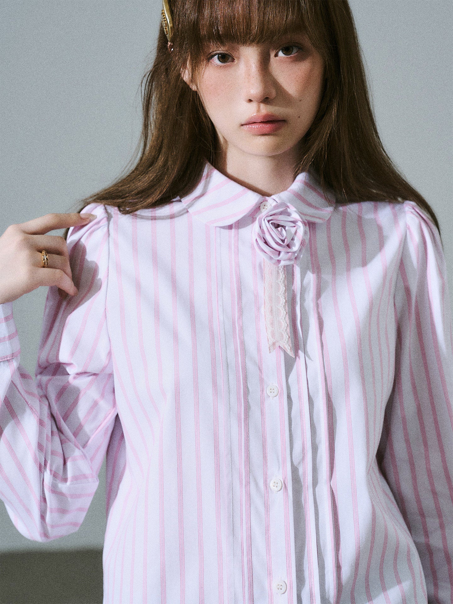 Lace & Flower Detail Stripe Long Sleeve Shirt NA8843