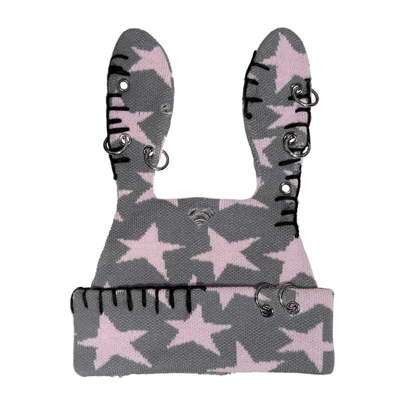 Star Print Rabbit Ear Knit Hat NA6623