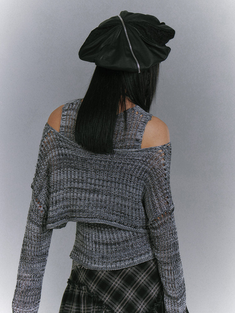 Damage Knit Cardigan & Skull Damage Vest Set NA8887