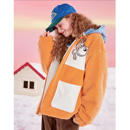 PU Patchwork Cartoon Sherpa Hooded Padded Jacket NA6743