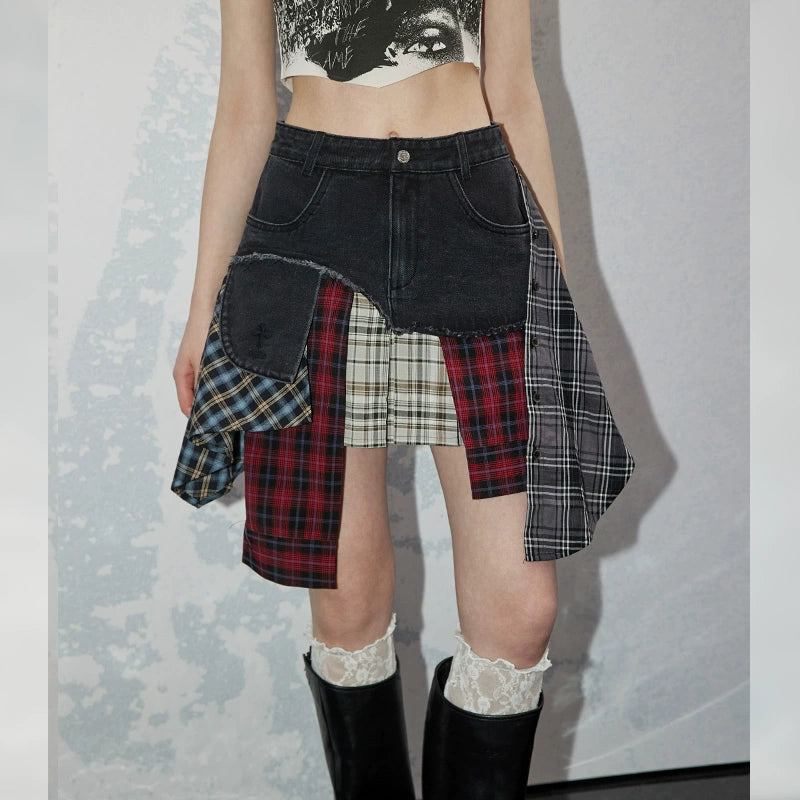 Patchwork Plaid Denim Short Skirt NA3510