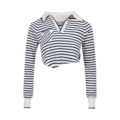 Striped Polo Collar Cropped Long Sleeve T-shirt NA4992