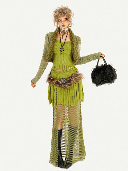 Fake Fur Patchwork Mesh Knit Cardigan & Tube Top & Mesh Long Skirt Setup NA8610