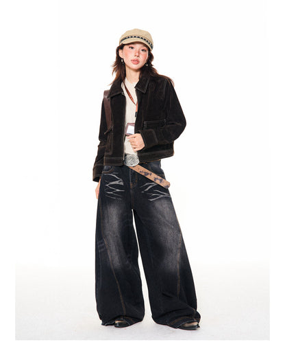 Washed Scratch Detail Wide Leg Denim Jeans NA9432