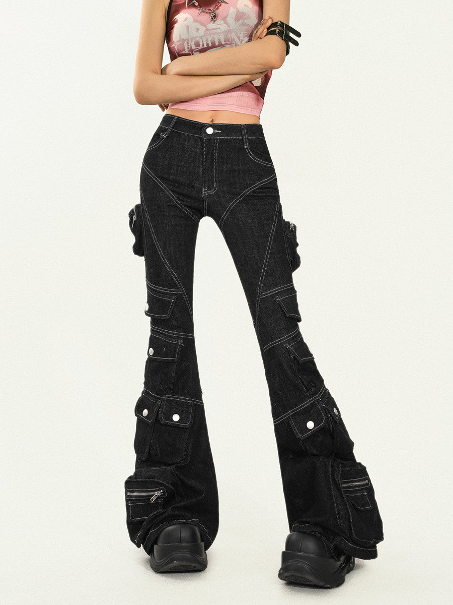 Utility Multi-Pocket Flare Cargo Denim Jeans NA8627