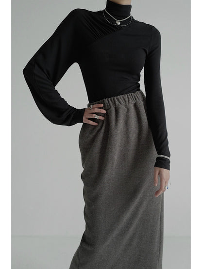 Stand Neck Asymmetric Long Sleeve Knit Top NA4198