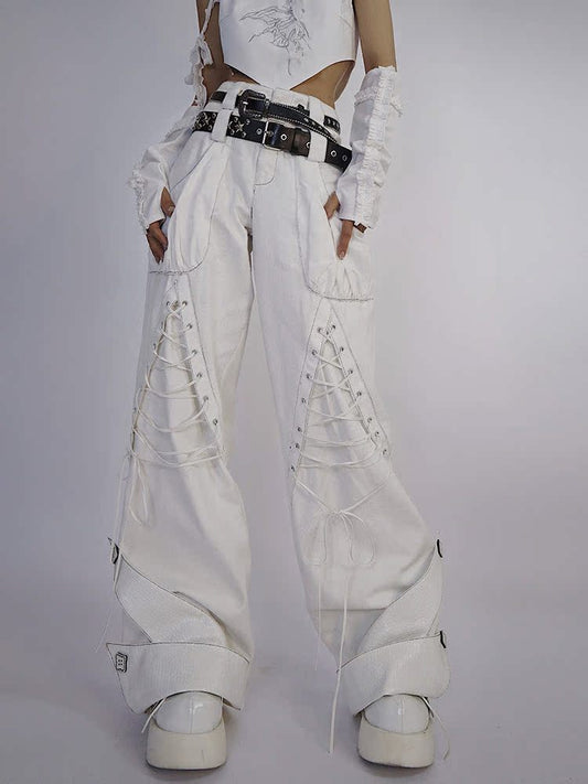 Tie-Strap Double-Waist Wide Leg Denim Jeans & Belt NA7775