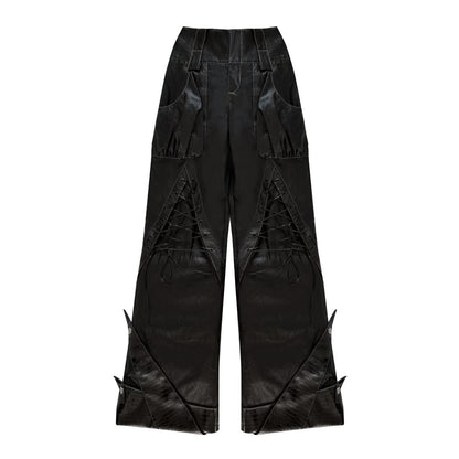 Original Design Lace-Up Double Waistband Structural PU Leather Pants NA8560