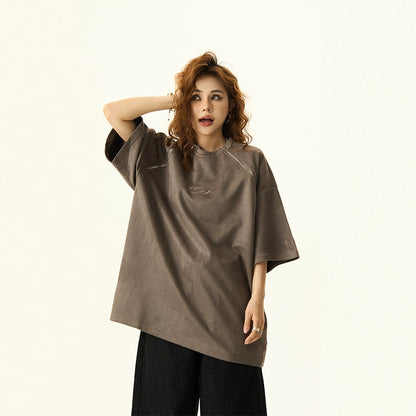 Double Zipper Design Oversize Suede Short Sleeve T-shirt NA3065