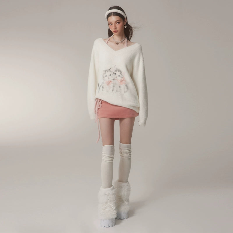 Cat Print V-neck Knit Sweater NA4014