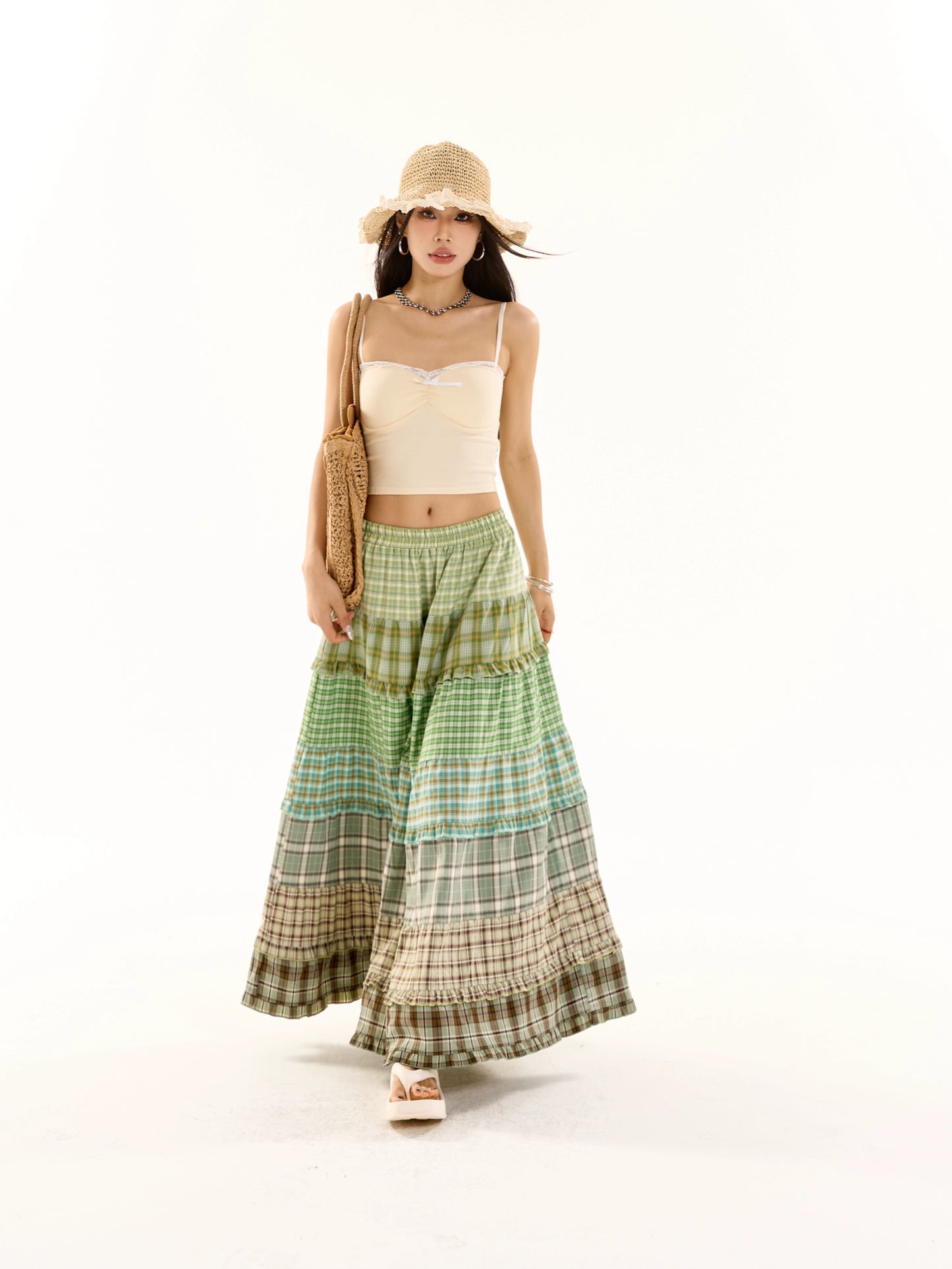 Patchwork Plaid Long Skirt NA3913