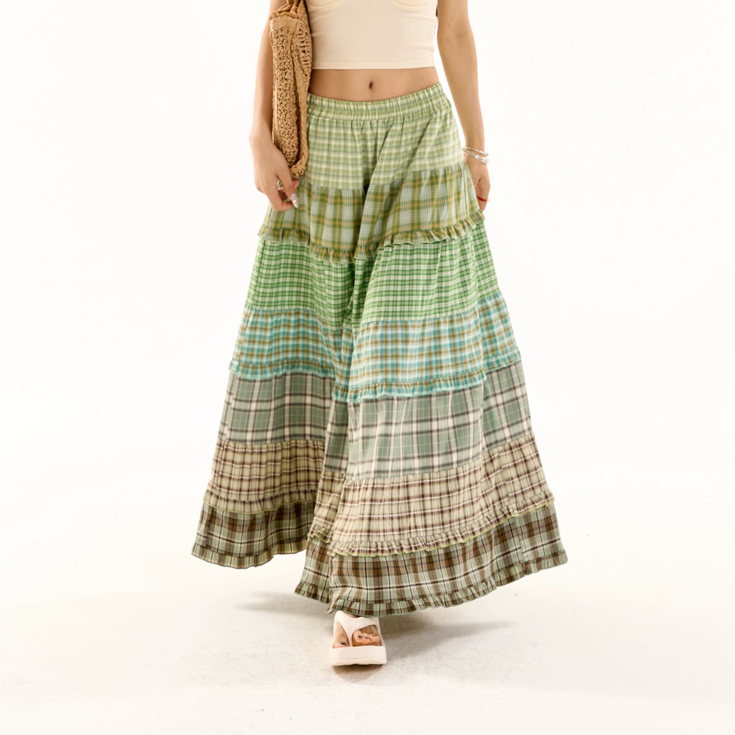 Patchwork Plaid Long Skirt NA3913