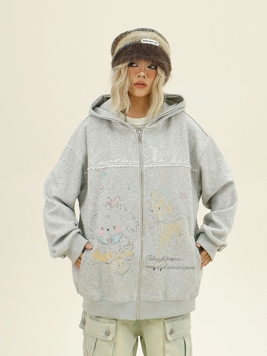 Cartoon Hand-Drawn Oversize Zipper Hoodie NA6335