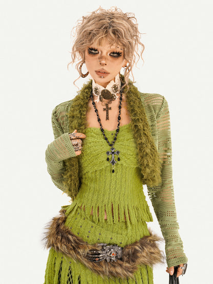 Fake Fur Patchwork Mesh Knit Cardigan & Tube Top & Mesh Long Skirt Setup NA8610